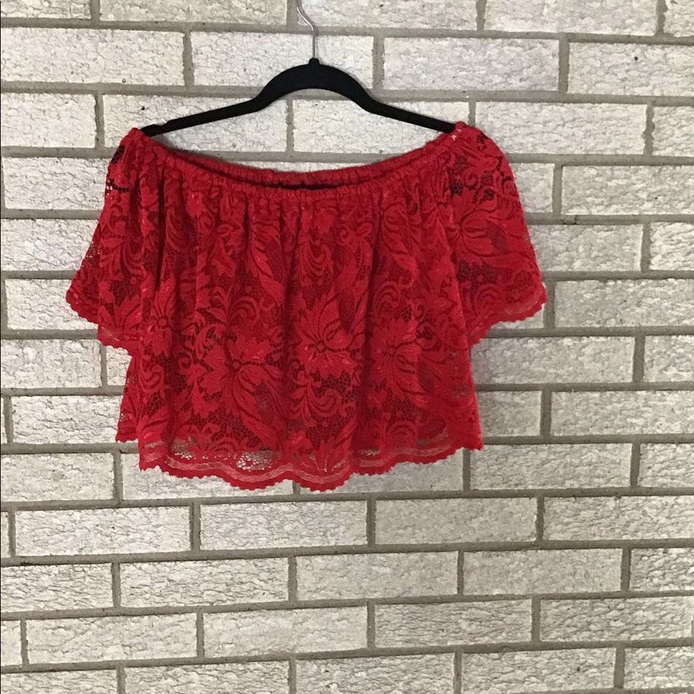 Ambiance lace off the shoulder red crop top size small.